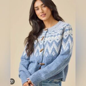 Altar'd State Blue and White Patterned Wool Blend Cardigan